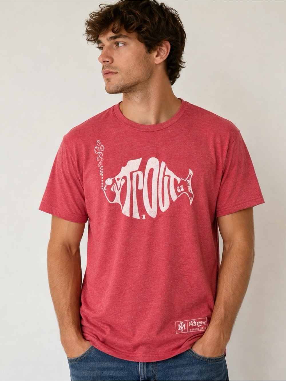 108 Stitches Mike Trout Player Issue LA Angels Fish Graphic Tee Red